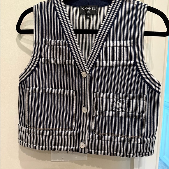 CHANEL Navy and White Striped Vest - Picture 1 of 5